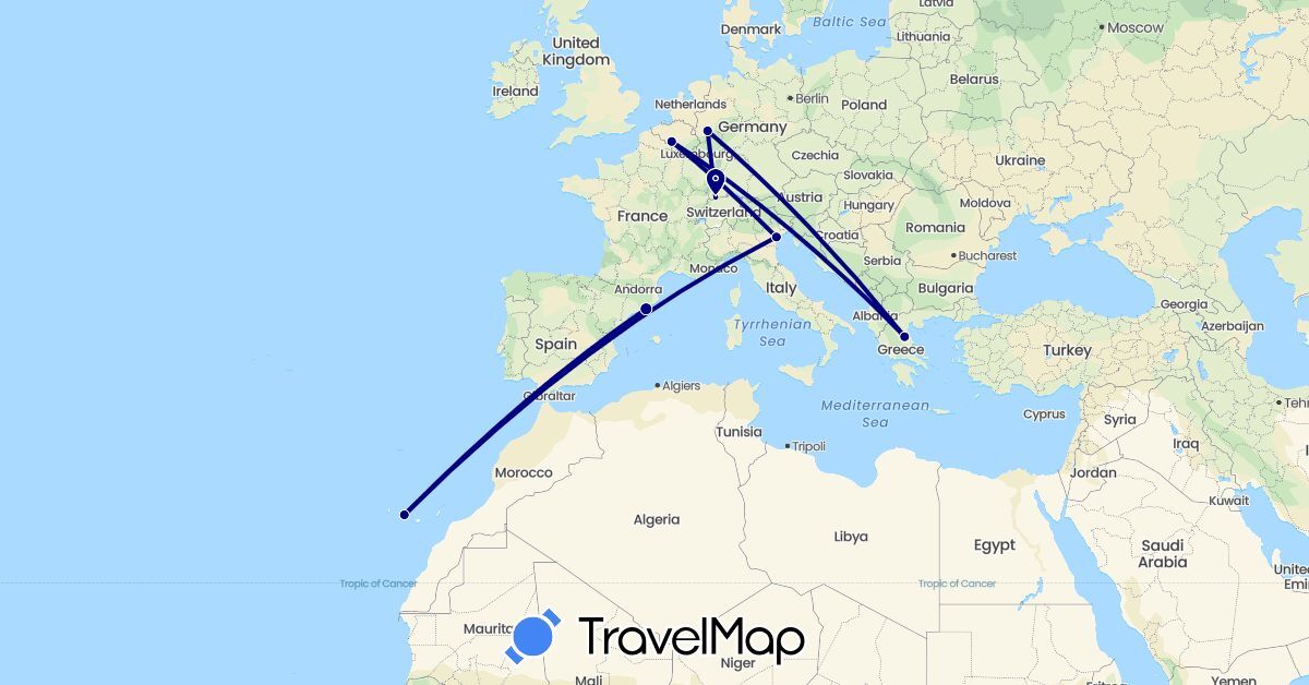 TravelMap itinerary: driving in Belgium, Switzerland, Germany, Spain, Greece, Italy (Europe)
